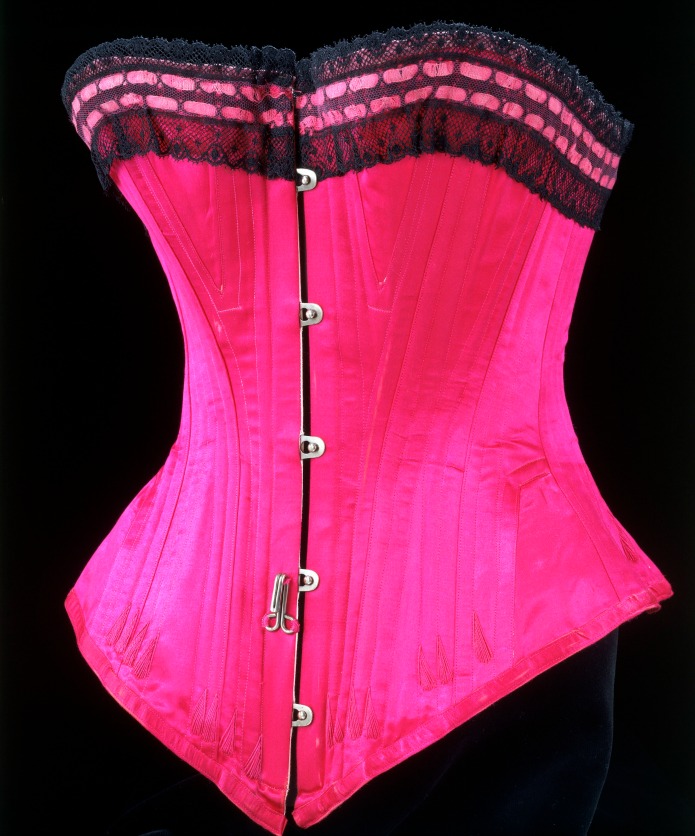 Corset of stain with hand-made bobbin lace, possible made in England, 1890-1895