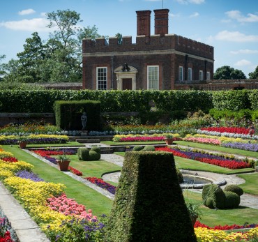 Hampton Court Palace - In the 16th century, the sunken compartments of Henry VIII's ponds were stocked with fish for the palace kitchens but by 1690 the ponds had been drained. Queen Mary II found the sheltered south-facing gardens an ideal place to house the collection of exotic plants she brought with her from the Netherlands. Today the gardeners make a splash with spring and summer bedding.