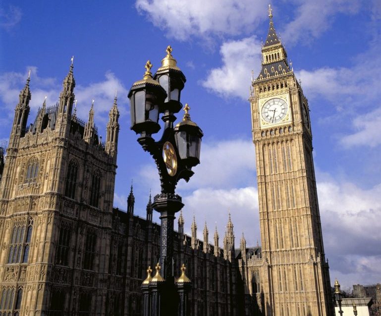 Palace of Westminster - Big Ben Houses of Parliament and street lamp.