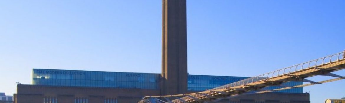 Tate Modern: View from the banks of the Thames River with Millennium Bridge in forefront.