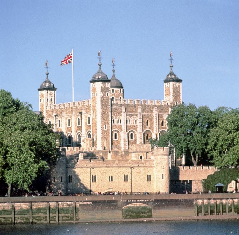 Tower of London - As viewed from the south side of the river including Traitors Gate and the White Tower.
