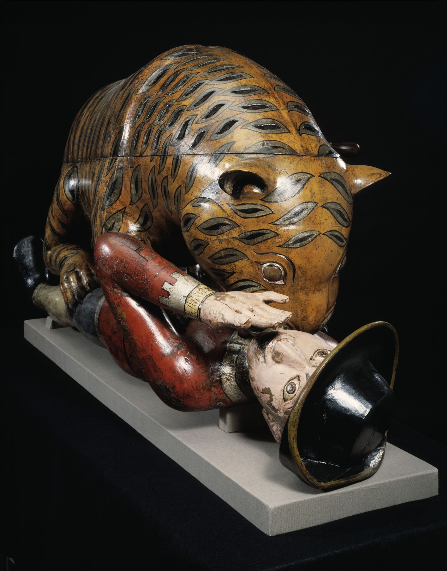 Victoria & Albert Museum - 'Tipu's Tiger', a carved and lacquered wooden semi-automaton in the shape of a tiger mauling a man, Mysore, India, about 1793.