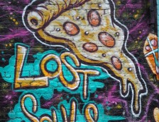 London Street Art in Shoreditch - Lost Souls and pizza slice mural by Captain Kris. Photo Credit: ©Ursula Petula Barzey