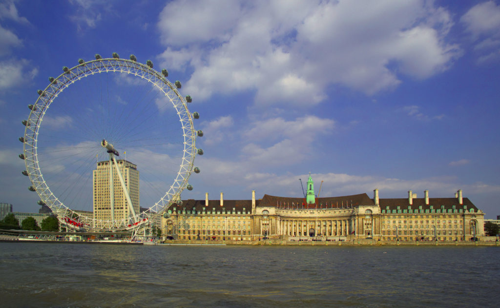 South Bank View across the River Thames showing the iconic London Eye