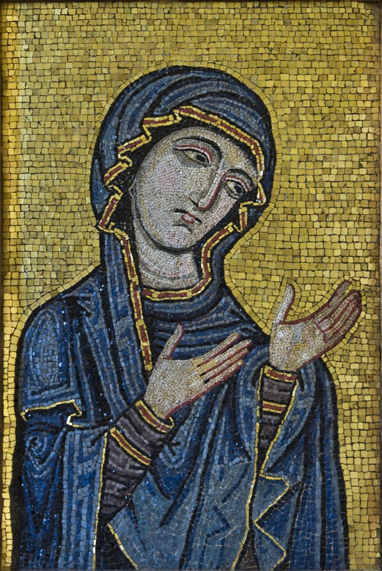 Byzantine-style mosaic showing the Virgin as Advocate for the Human Race. Kept at Museo Diocesano di Palermo, originally from Palermo Cathedral, c.1130-1180AD. Photo Credit: ©Museo Diocesano di Palermo.