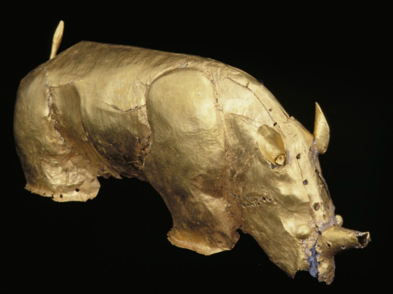 Gold rhino. From Mapungubwe, capital of the first kingdom in southern Africa, c. AD 1220 - 1290. Photo Credit: Department of Arts ©University of Pretoria via British Museum. 