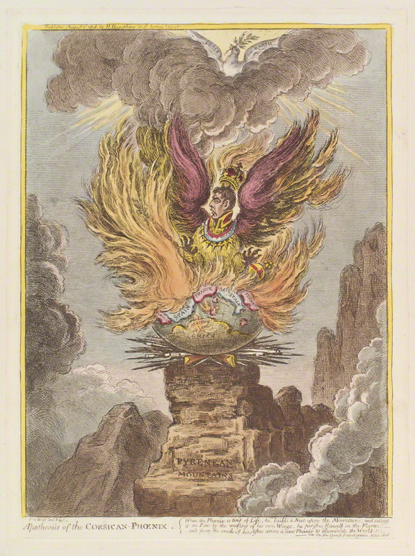 National Portrait Gallery: Napoléon Bonaparte ('Apotheosis of the Corsican-phoenix') by James Gillray, published by Hannah Humphrey hand-coloured etching and aquatint, published 2 August 1808. Photo Credit: © National Portrait Gallery, London. 