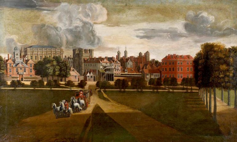 Oil painting of the Palace of Whitehall by Hendrik Danckerts. The Banqueting House is on the left. Photo Credit: © Public Domain via Wikimedia Commons.