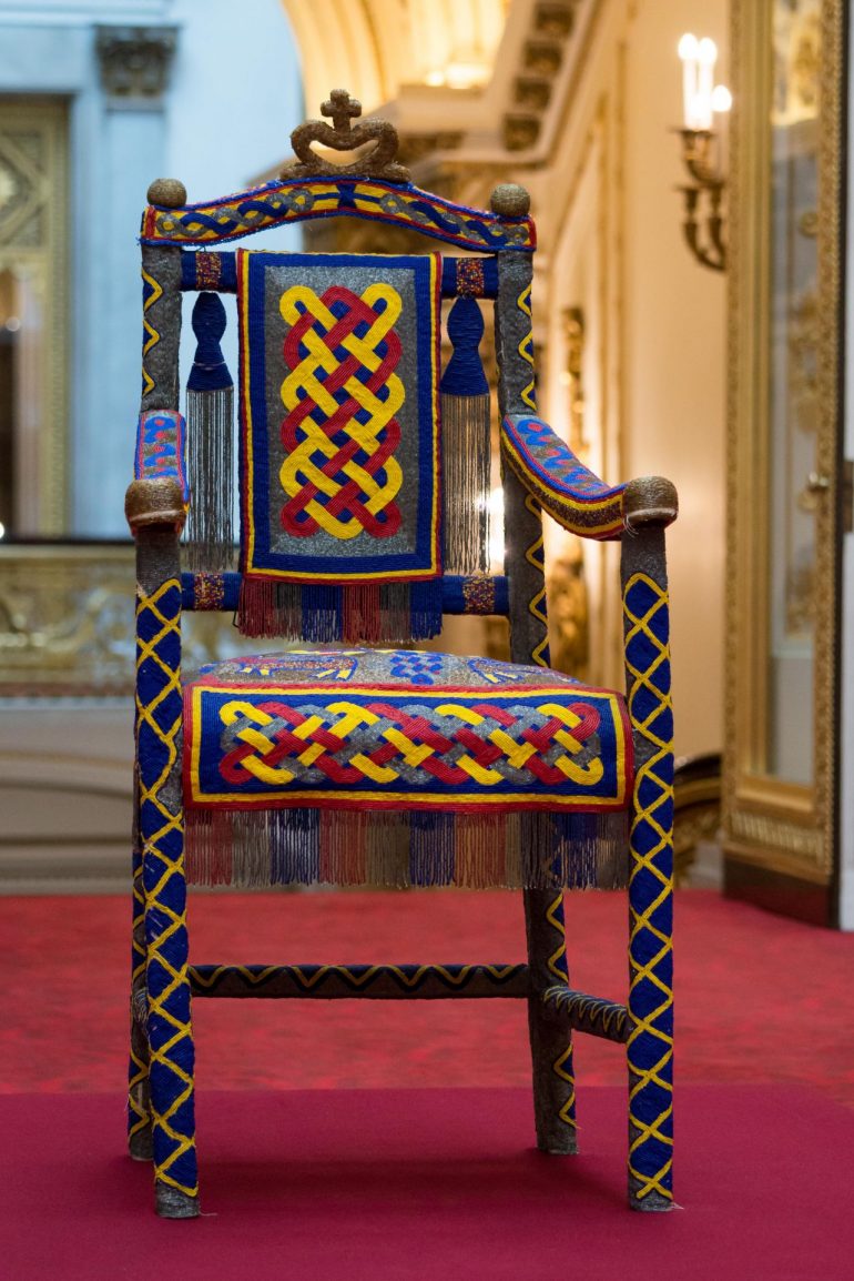 Buckingham Palace: 2017 Summer Opening of the State Rooms Royal Gifts Exhibition: A beaded Yoruba throne presented to The Queen by the people of Nigeria in 1956. Photo Credit: Royal Collection Trust / © Her Majesty Queen Elizabeth II 2017.