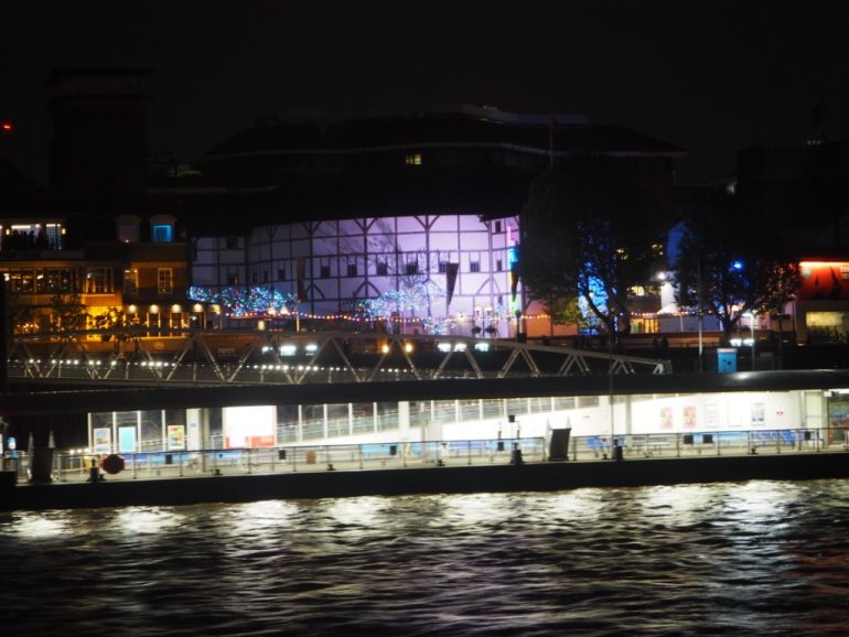 William Shakespeare Globe Theatre lit up at night. Photo Credit: © Ursula Petula Barzey.