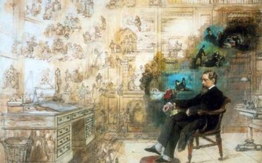 Dickens's Dream by Robert William Buss, portraying Dickens at his desk at Gads Hill Place surrounded by many of his characters. Photo Credit: © Wikipedia Commons.