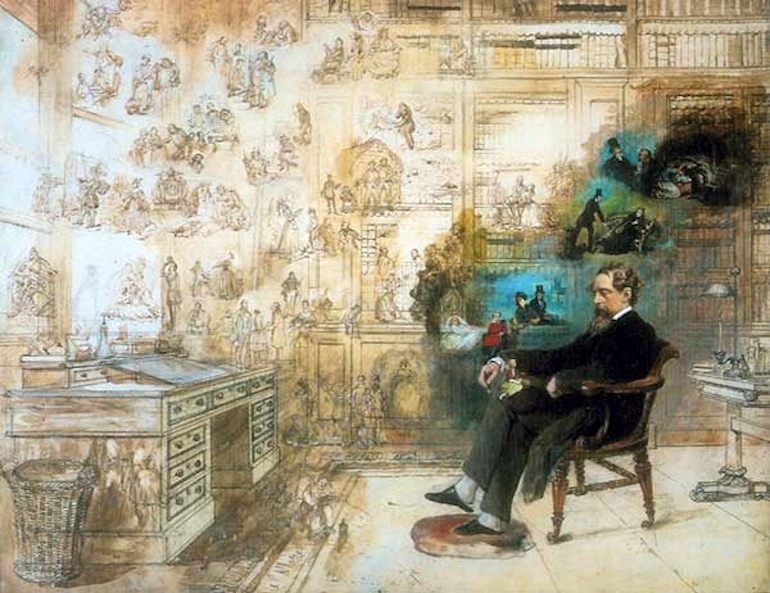 Dickens's Dream by Robert William Buss, portraying Dickens at his desk at Gads Hill Place surrounded by many of his characters. Photo Credit: © Wikipedia Commons. 