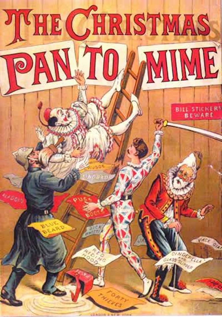 The Christmas Pantomime colour lithograph bookcover, 1890, showing the harlequinade characters. Photo Credit: © Public Domain via Wikimedia Commons.