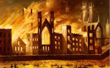 Painting of the Palace of Westminster on Fire, 1834, by an unknown artist. Photo Credit: © Public Domain via Wikimedia Commons.