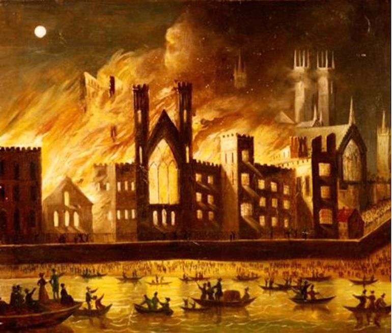 Painting of the Palace of Westminster on Fire, 1834, by an unknown artist. Photo Credit: © Public Domain via Wikimedia Commons.