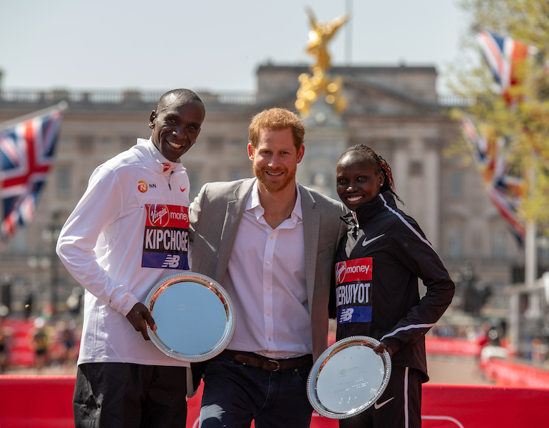 London Marathon 2019 winners with Prince Harry. Photo Credit: © Thomas Lovelock for Virgin Money London Marathon.