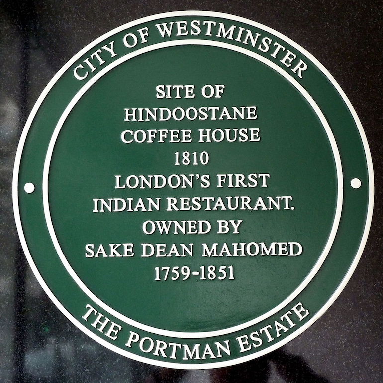 City of Westminster plaque for Hindoostane Cofee House, London's first Indian restaurant. Photo Credit: © Simon Harriyott via Wikimedia Commons.