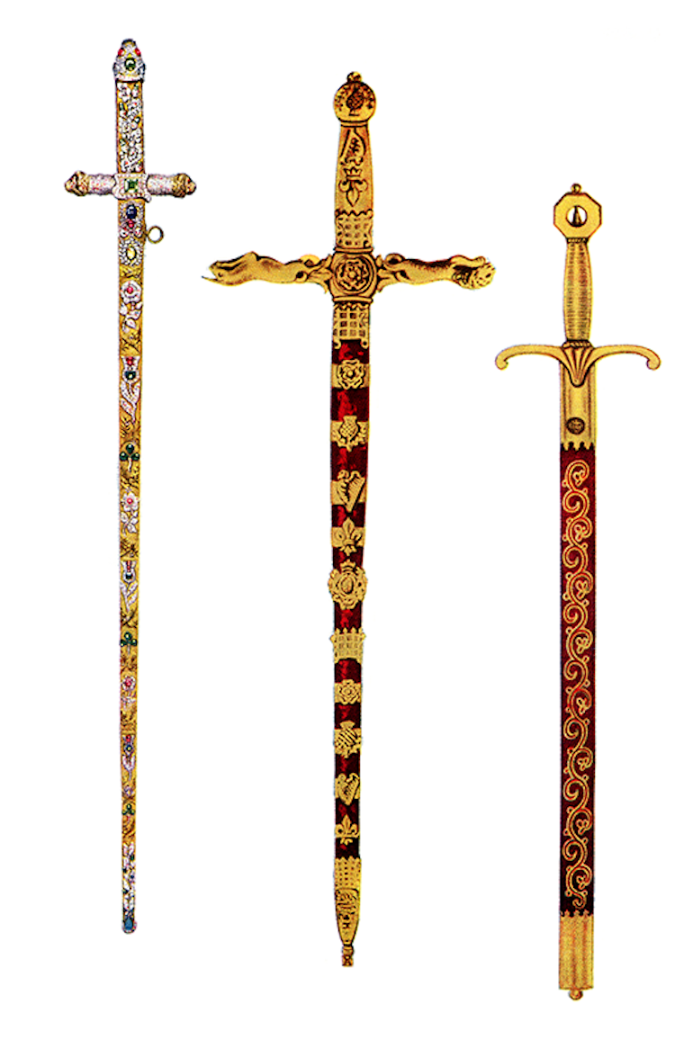 British Coronation Swords: The Sword of Offering, the Sword of State, and the Sword of Mercy. Photo Credit: © Public Domain via Wikimedia Commons.