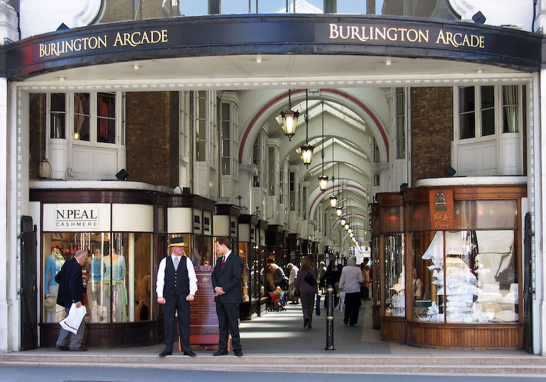 Burlington Arcade in London. Photo Credit: © Andrew Dunn via Wikimedia Commons. 