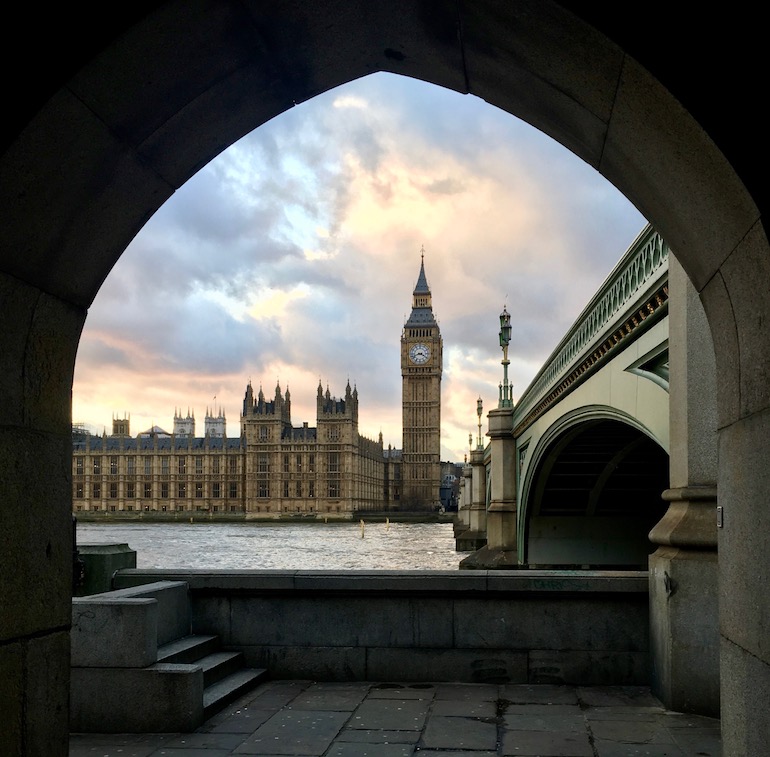 Walkway near Westminster Bridge looking towards Palace of Westminster & Big Ben. Photo Credit: © Ursula Petula Barzey.