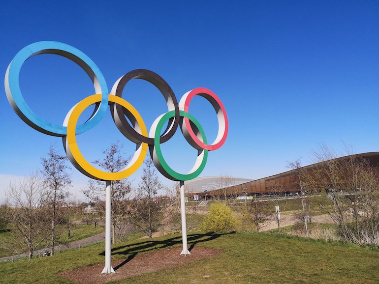 Olympic rings, Queen Elizabeth Olympic Park, Stratford, East London. Photo Credit: © Steve Fallon.