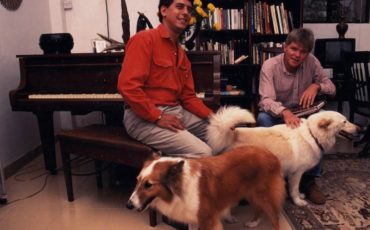 Steve & Mike with Whitey & Sophie in lower house, No 1 Tong Fuk Village, Lantau Hong Kong (1990). Photo Credit: © Steve Fallon.