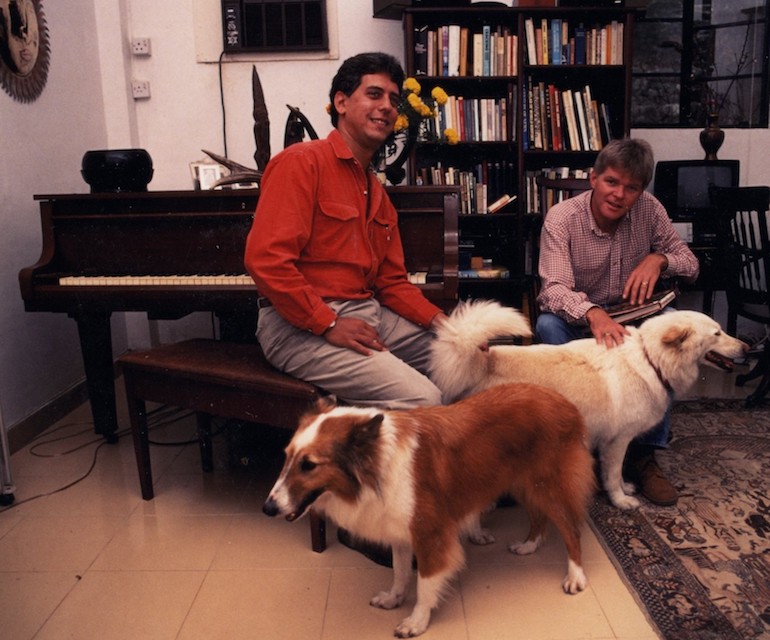 Steve & Mike with Whitey & Sophie in lower house, No 1 Tong Fuk Village, Lantau Hong Kong (1990). Photo Credit: © Steve Fallon.