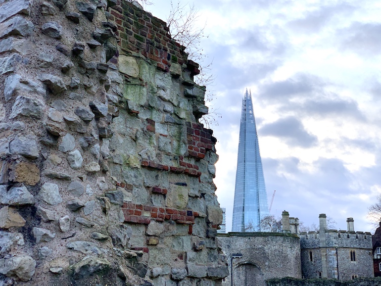 The remains of the 13th century Wardrobe Tower, next to the Shard - UK’s tallest building, opened in 2013. Photo Credit: © Antony Robbins. 