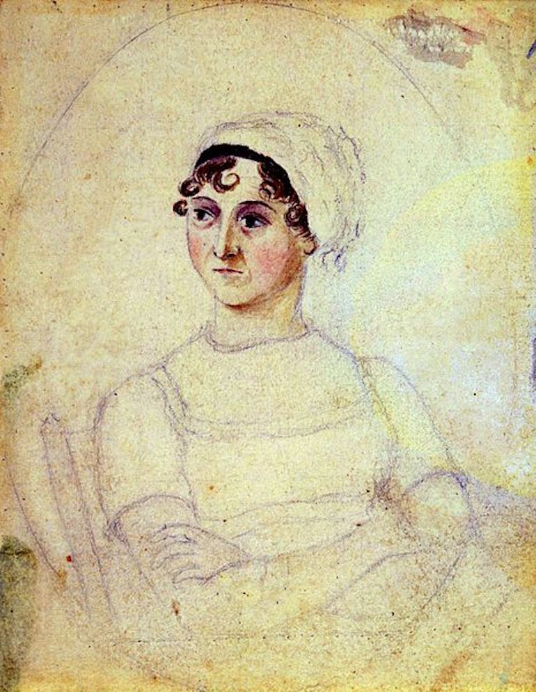 Portrait of Jane Austen by her sister Cassandra, in watercolour and pencil. Photo Credit: © Public Domain via Wikimedia Commons.