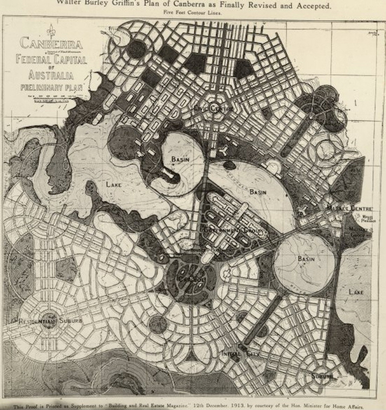 W. B. Griffin’s plan for Canberra, 1913. Photo Credit: © Public Domain via Wikimedia Commons.