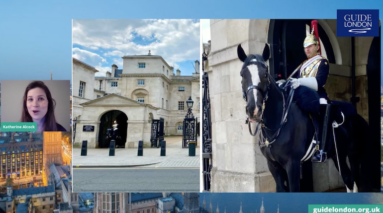 Blue Badge Tourist Guide Katherine Alcock giving a mini London Virtual Tour of attractions along Whitehall.