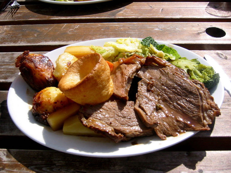 English Sunday lunch with roast beef, roast potatoes, vegetables and Yorkshire pudding. Photo Credit: © Jeremy Keith via Wikimedia Commons.