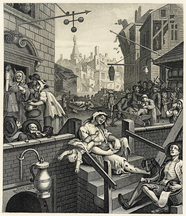 Gin lane print by British artist and engraver William Hogarth. Photo Credit: © Public Domain via Wikimedia Commons.