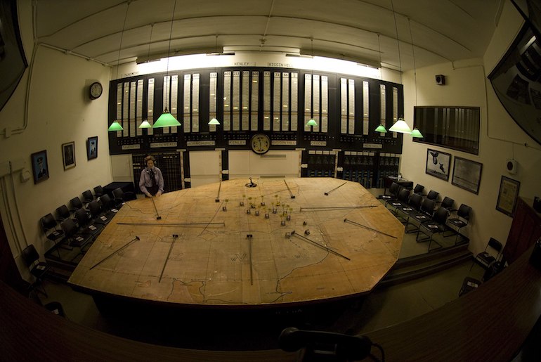 The Group Operations Room at the Battle of Britain Bunker in Uxbridge. Photo Credit: Danielstirland via Wikimedia Commons.