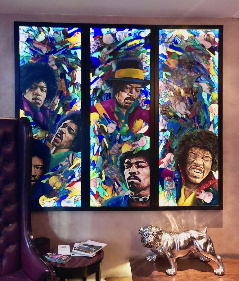 Jimi Hendrix inspired stained glass window in reception at Sanctum Soho Hotel. Photo Credit: © Ursula Petula Barzey.