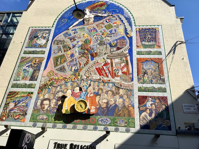 The Spirit of Soho Mural on the corner of Broadwick Street and Carnaby Street in London. Photo Credit: © Ursula Petula Barzey.