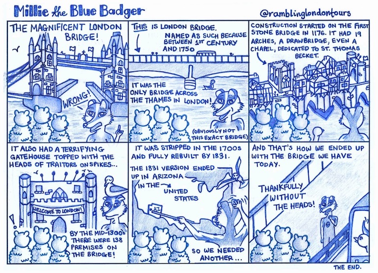 Millie the Blue Badger - London Bridge Cartoon. Photo Credit: © Amber Tallon.