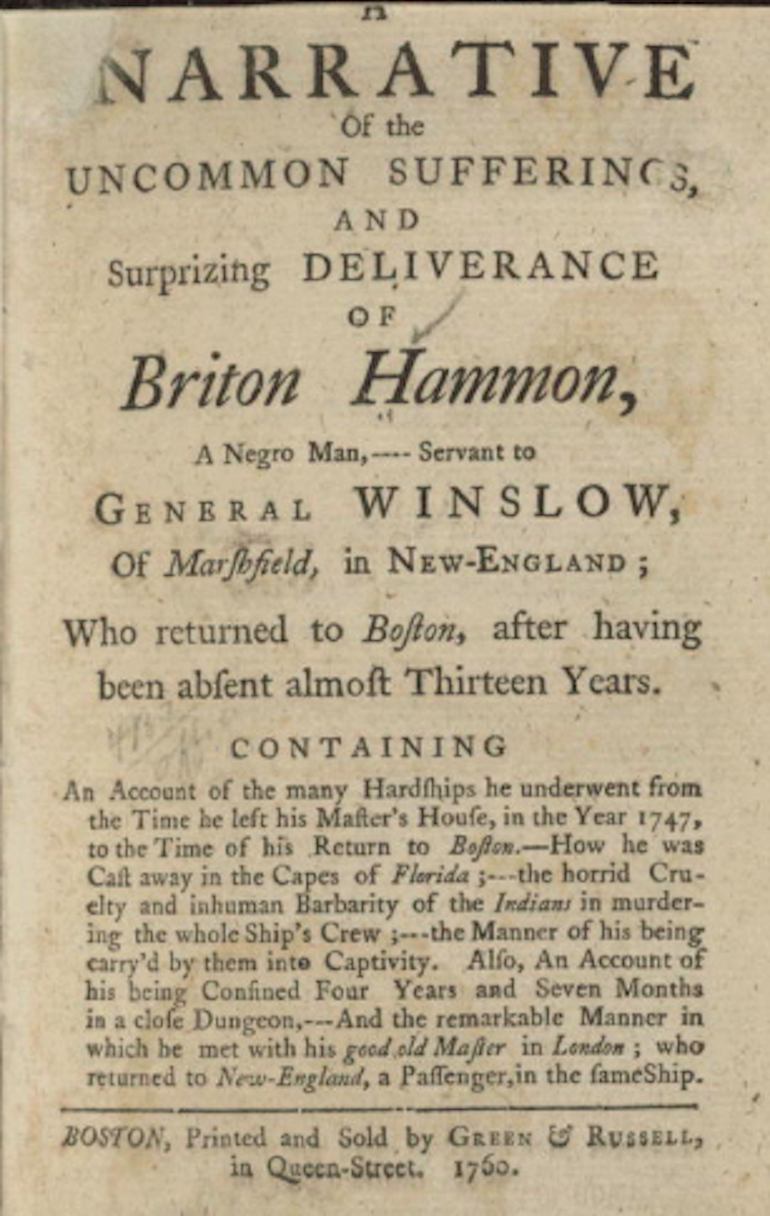 Narrative of Briton Hammon. Photo Credit: © Public Domain via Wikimedia Commons.