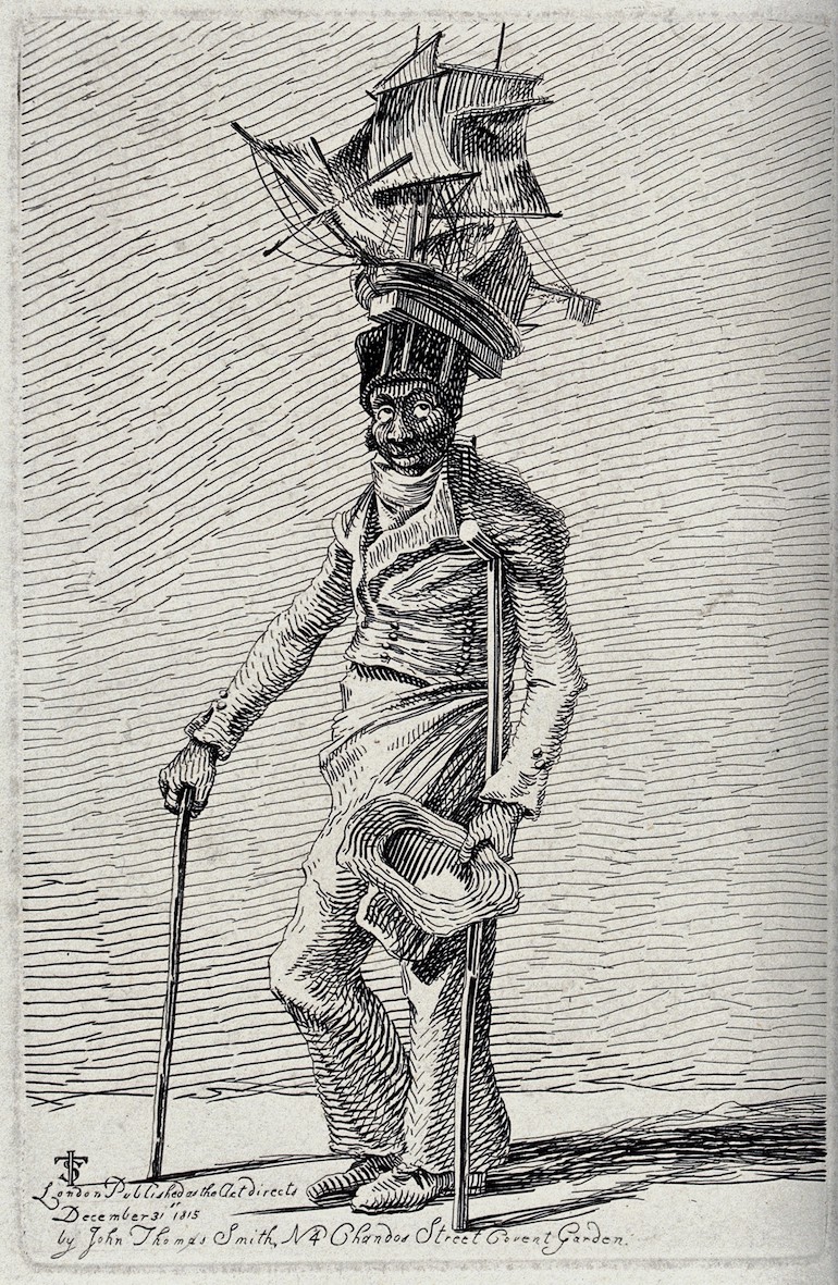 Sailor Joseph Johnson in ragged clothes moving with the aid of crutches. Photo Credit: © Wellcome Library via Wikimedia Commons.