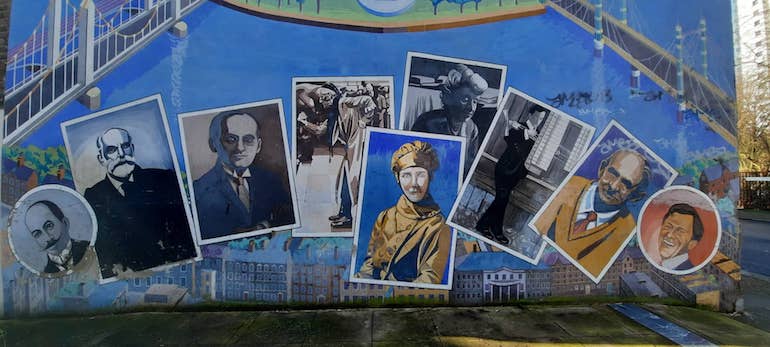 View of the portraits of radical politicians, artists and pioneering aviators on Battersea In Perspective mural by Brian Barnes. Photo Credit: © Christopher Hayden.