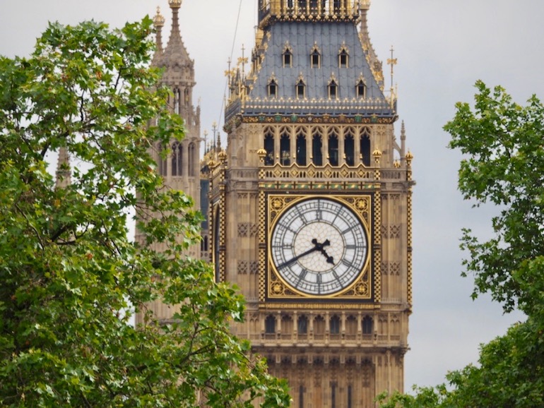 Close up view of the clock on Big Ben from Hungerford Bridge and Golden Jubilee Bridges. Photo Credit: © Ursula Petula Barzey.