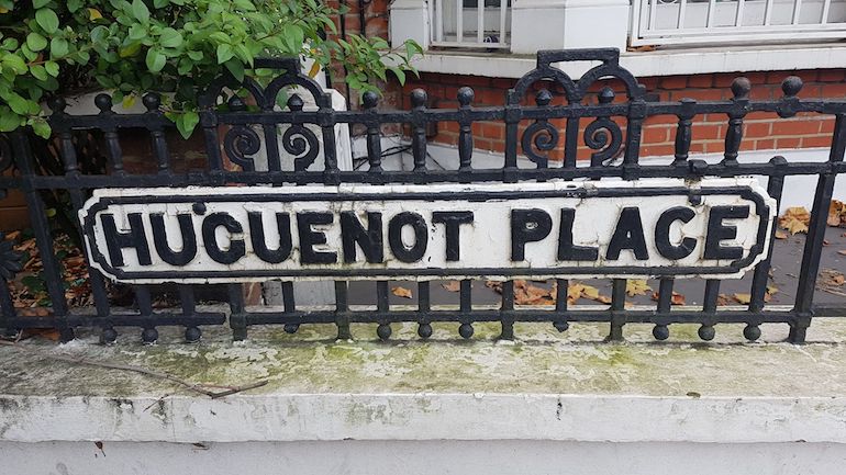 Huguenot Place sign in Wandsworth area of London. Photo Credit: © Christopher Hayden.