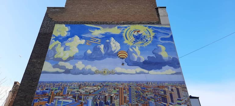 View of the sky and balloon in Battersea In Perspective mural by Brian Barnes. Photo Credit: © Christopher Hayden.