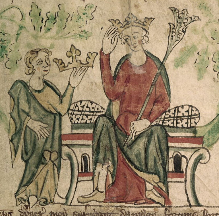 Edward II shown receiving the English crown in a contemporary illustration. Photo Credit: © Public Domain via Wikimedia Commons. 