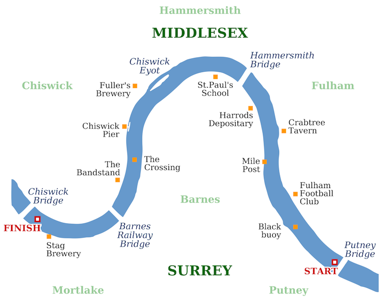 Regular route for the University Boat Race Thames map. Photo Credit: © Pointillist via Wikimedia Commons.