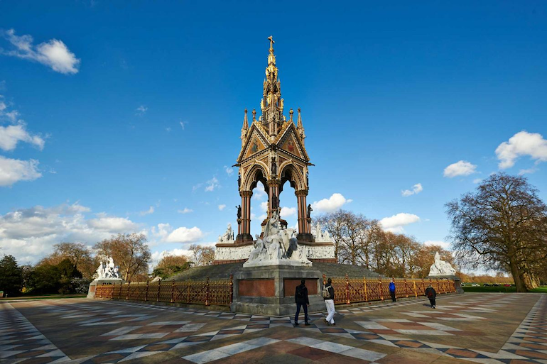 The Albert Memorial, directly north of the Royal Albert Hall in Kensington Gardens. Photo Credit: © Nick Salmond. 