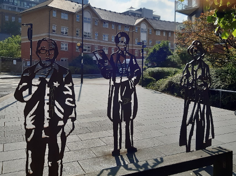 Metal statues (left to right_: Ronnie Corbet, Samuel Coleridge Taylor, and Dame Peggy Ashcroft. Photo Credit: © Angela Morgan. 