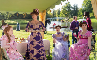 Scene from Netflix’s Bridgerton TV Series: Featherington family picnic in Painshill Park. Photo Credit: © Netflix.