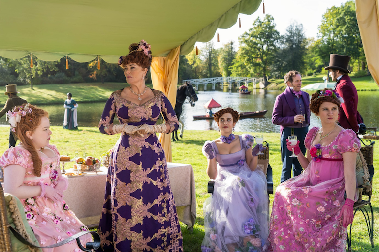 Scene from Netflix’s Bridgerton TV Series: Featherington family picnic in Painshill Park. Photo Credit: © Netflix.