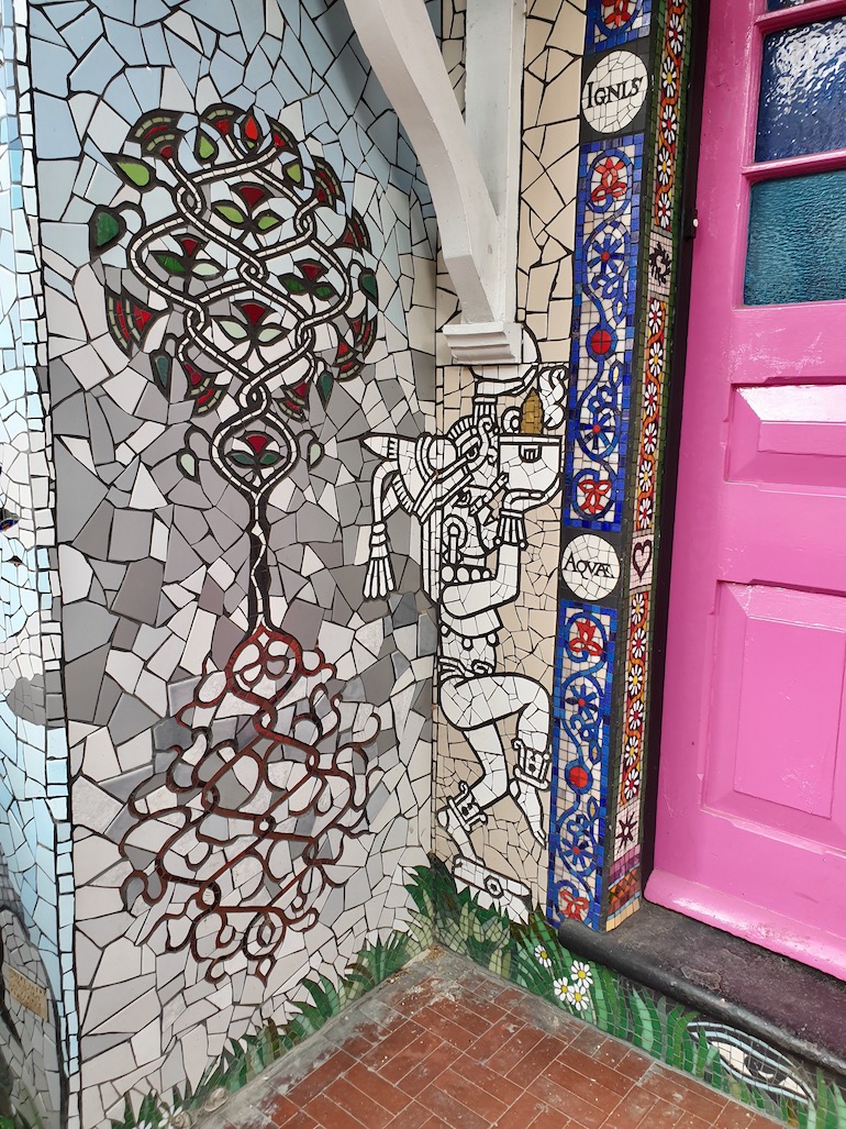 Aztec tribal near door at Carrie Reichardt Mosaic House, Chiswick area of London. Photo Credit: © Christopher Hayden.